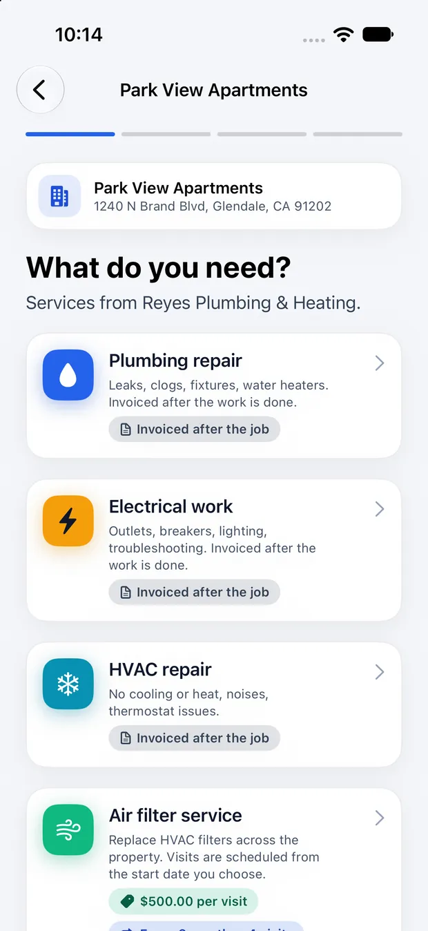 Choosing a service: plumbing repair, electrical work, HVAC repair, and a $500 per visit air filter service.