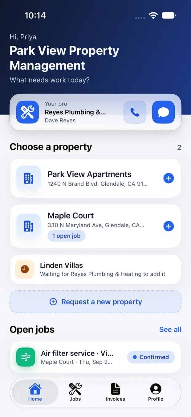 The ServSmith client home screen listing two properties and the client's service pro.