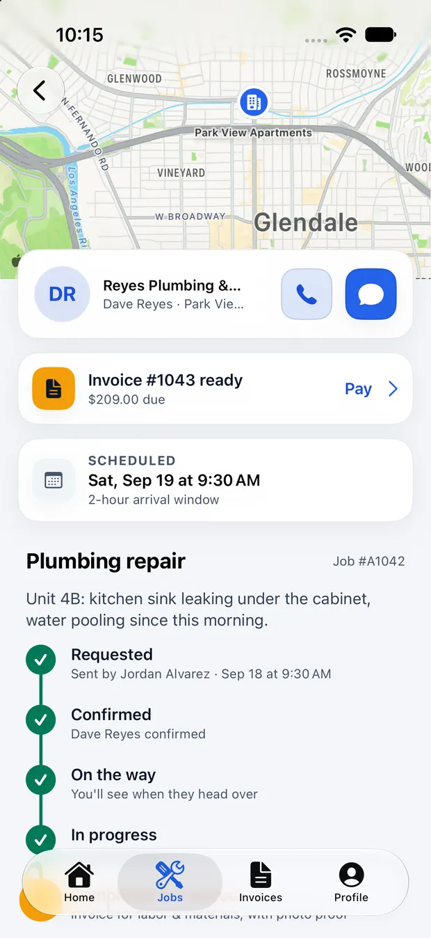 A job in ServSmith: a map of the property, the scheduled arrival window, and a timeline reading requested, confirmed, on the way, in progress.