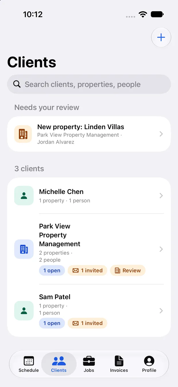A pro's client roster with three clients, open jobs, and a property waiting for review.