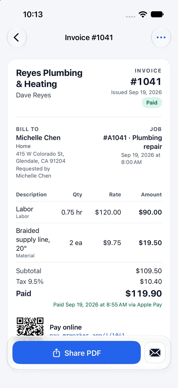 An itemized ServSmith invoice showing labor, materials, tax, and a paid total of $119.90.