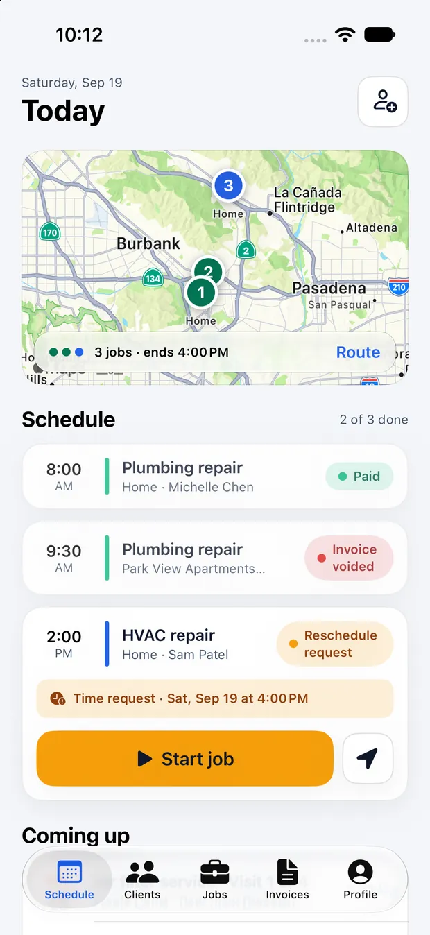 A pro's day: a route map with three stops and a schedule showing paid, voided, and reschedule-request jobs.